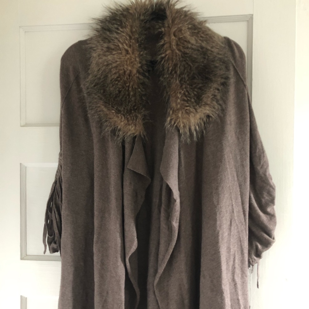Fur trim open front cardigan